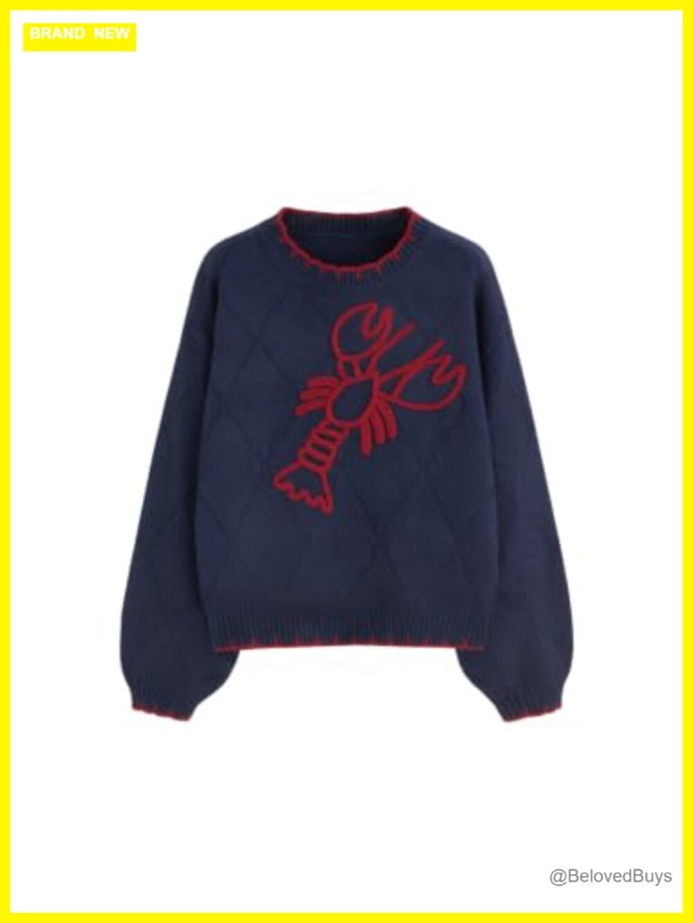 Lobster Graphic Pullover Sweater Women Cropped Diamond Knit Scalloped Trim